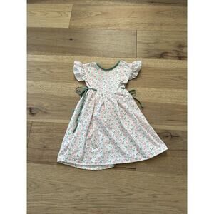 Girls' Pink Floral Tie-Waist Dress with Green Trim